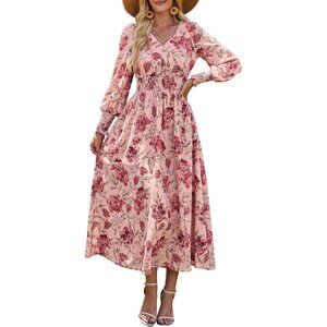 Women's Floral Maxi Dress Long Sleeve V Neck Boho Beach Party Wedding Casual
